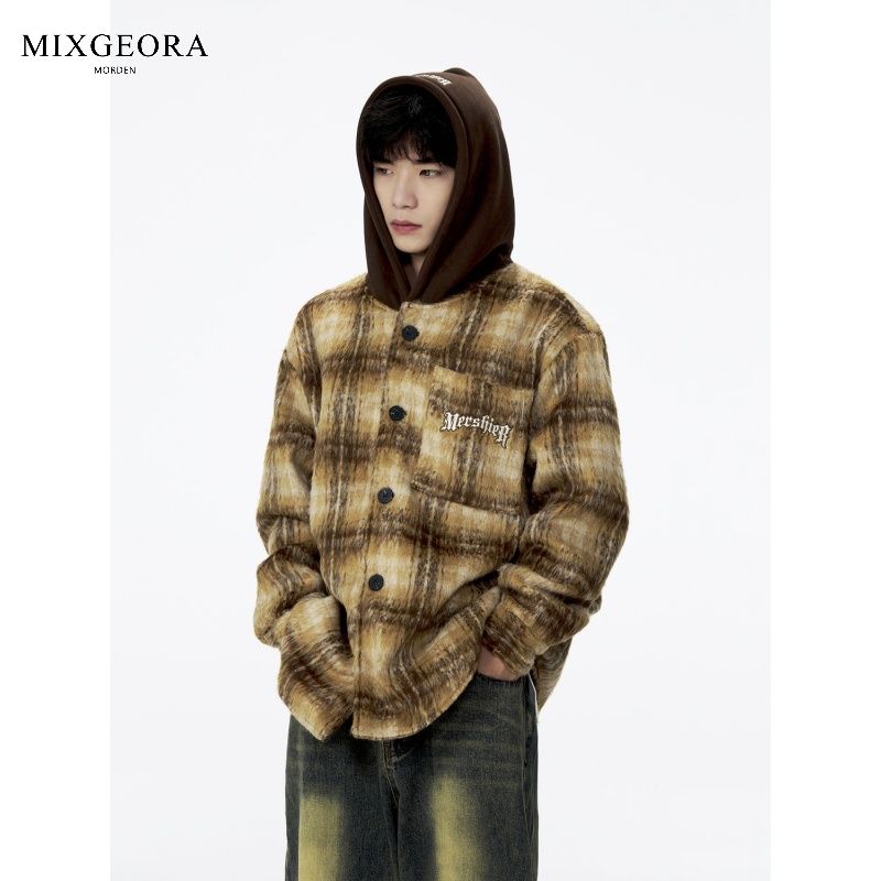 MIX GEORA American retro jacket men's autumn and winter high street hooded embroidered plaid shirt Cleanfit