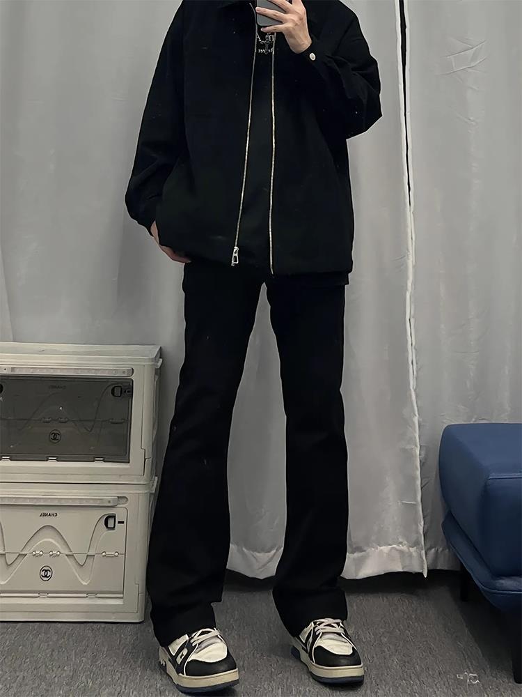 美式高街vibe純色牛仔褲情侶黑色顯瘦微喇叭男褲街頭直筒百搭長褲