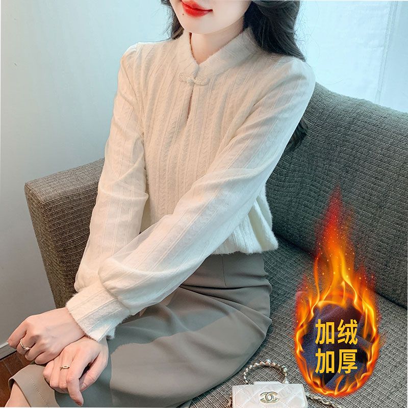 加絨加厚歐貨女裝新款秋冬2023修身顯瘦百搭國風蕾絲打底小衫上衣