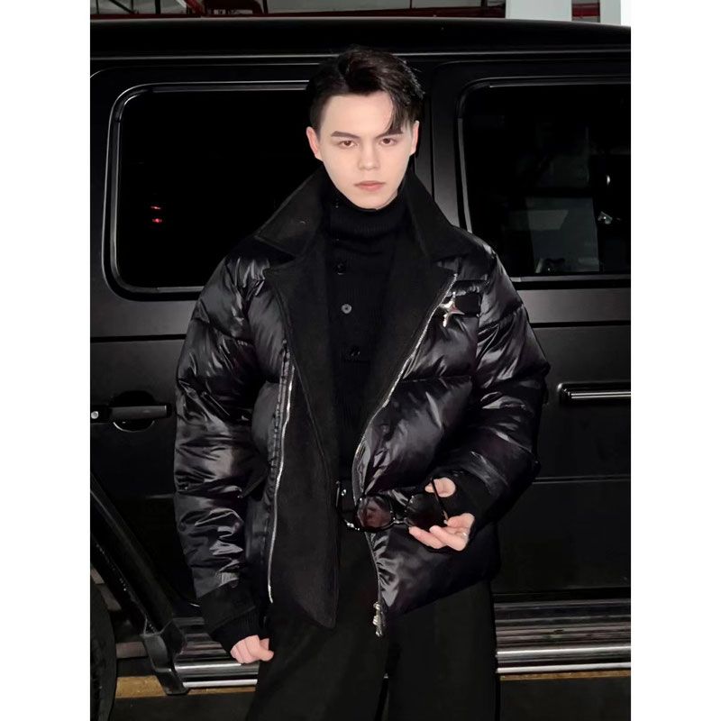 痞帅高级感黑色西装领棉衣男冬季韩系穿搭设计感假两件斜拉链棉服