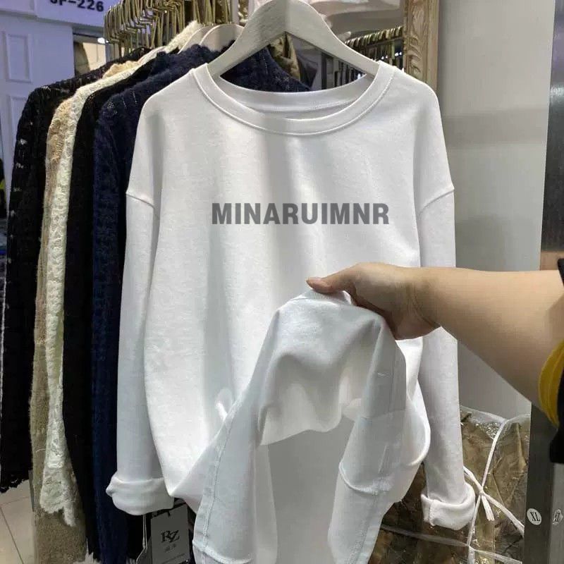 純棉秋季長袖T恤女寬鬆bf慵懶風中長款白色內搭打底衫上衣服ins潮