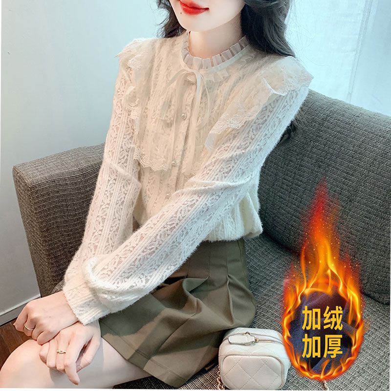 加絨加厚蕾絲長袖襯衫上衣女士秋冬季2023年新款打底襯衣外穿洋氣