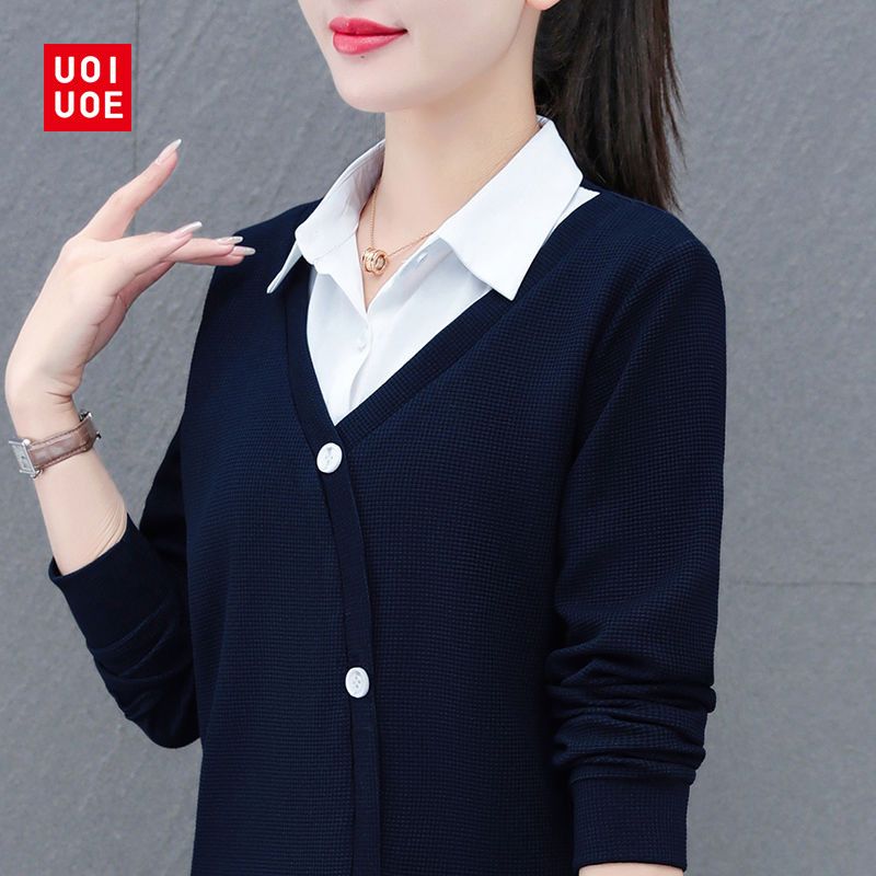 假兩件衛衣女2023春秋新款中年媽媽女士襯衫領薄款遮肚顯瘦上衣潮