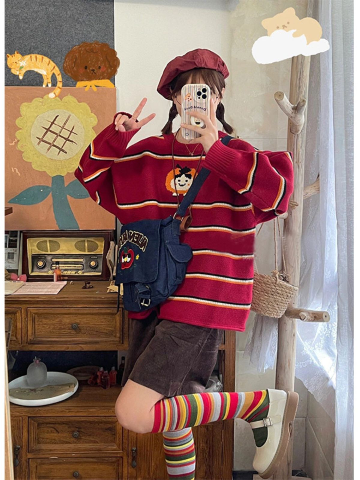 Half a sweet grapefruit Japanese retro red striped sweater women's casual loose and versatile long-sleeved knitted top autumn and winter
