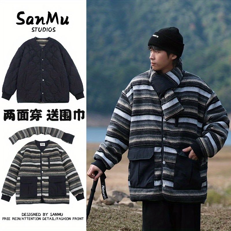 冬季兩面穿圍巾棉衣日系男ins潮牌工裝復古棉服情侶復古棉襖外套