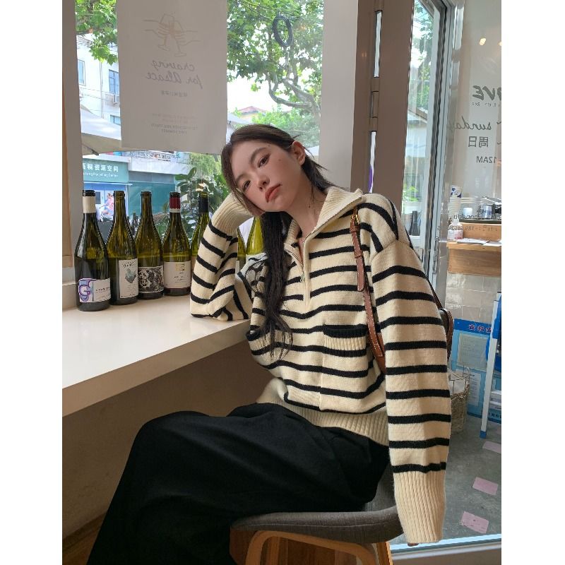 復古翻領條紋長袖毛衣女秋冬新款寬鬆顯瘦針織衫半拉鏈上衣潮