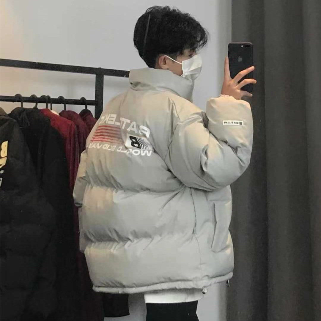 快手小白吖美式旗幟印花立領冬季加厚棉服男女寬鬆高街麵包服外套