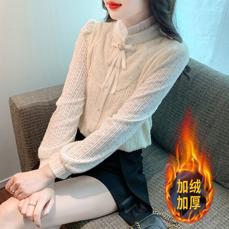 時尚加絨蕾絲打底衫女秋冬2023冬季新款韓版洋氣內搭小衫女士上衣