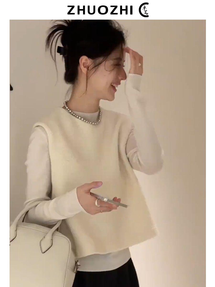 卓芝法式溫柔風套裝女裝2023秋冬季新款無袖毛呢馬甲針織衫兩件套