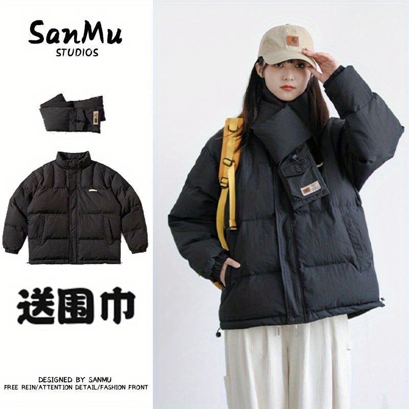 日系戶外工裝立領加厚麵包棉服男女BF中性寬鬆棉衣情侶外套送圍巾