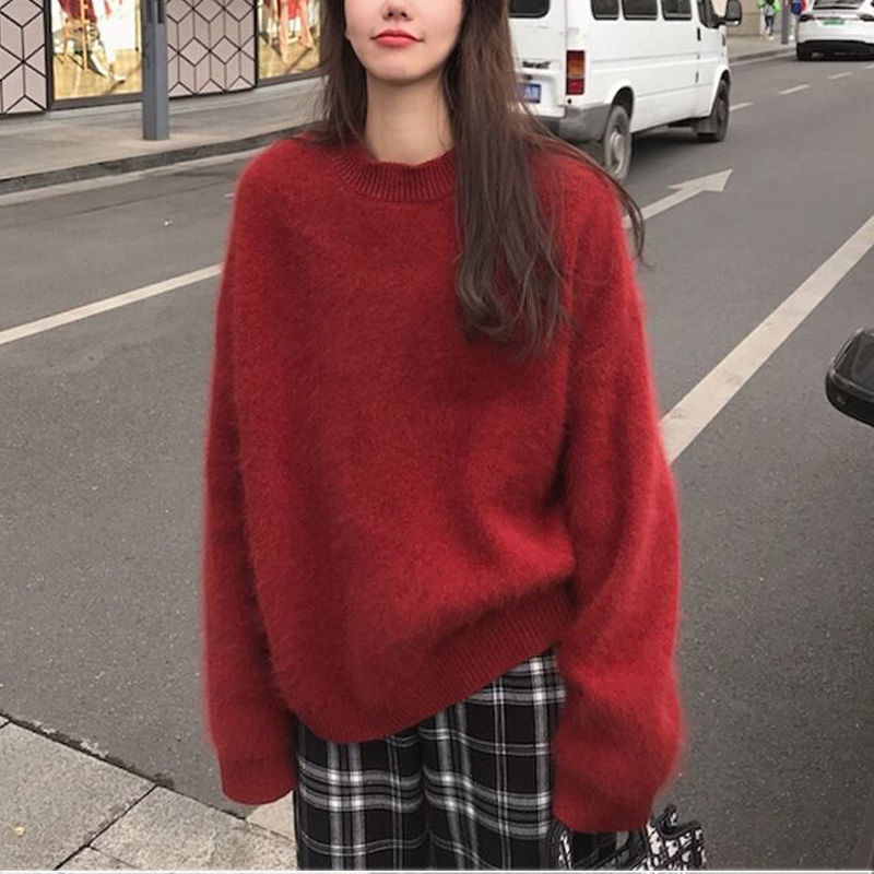 毛衣女秋冬聖誕紅色顯膚色新年復古寬鬆慵懶風外穿軟糯針織衫上衣