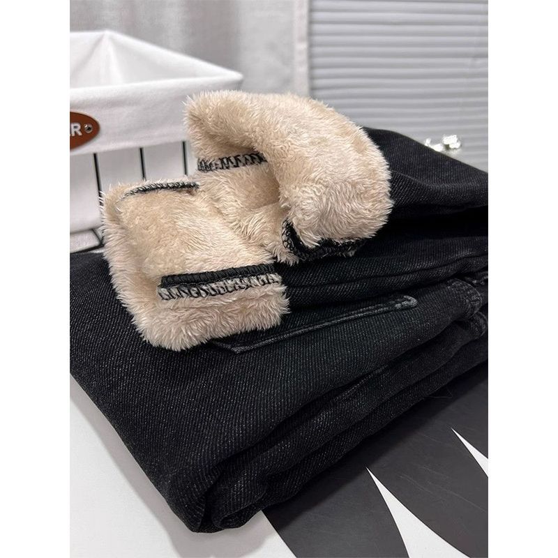 Black High Waisted Soft Long Lamb Hair Small Foot Jeans Women's  Winter New Velvet Thickened Pencil Pants