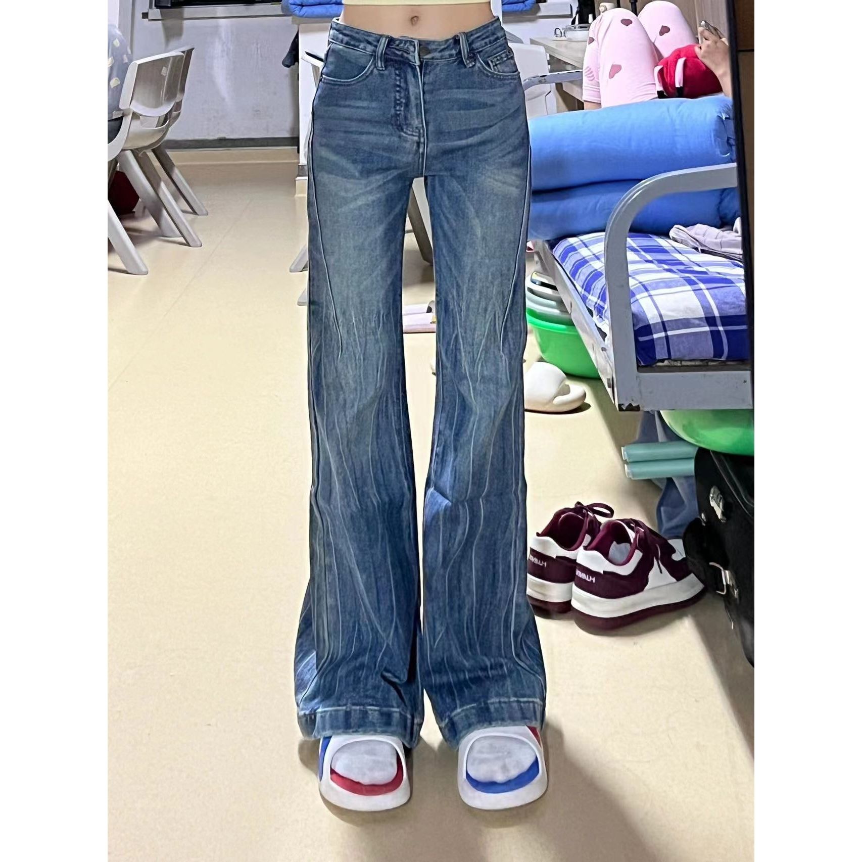 美式水洗復古加長微喇牛仔褲女秋冬新款高腰修身拖地褲紋理感褲子