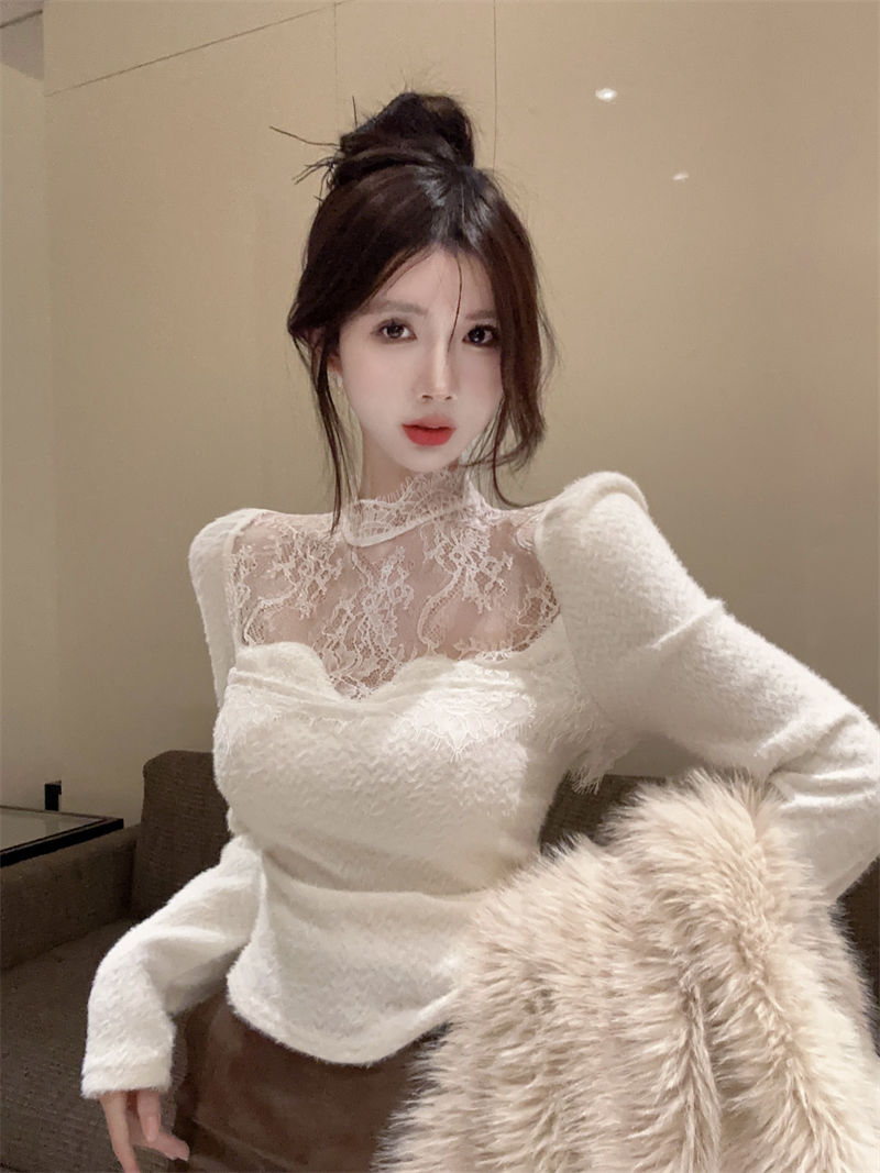 法式氣質時尚別致高領蕾絲衫女秋冬洋氣打底衫內搭純欲風上衣