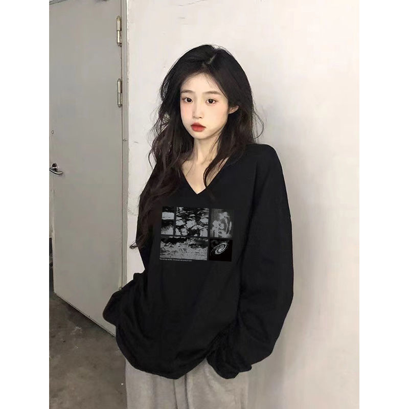 100%純棉v領長袖T恤女秋季新款寬鬆百搭顯瘦印花氣質韓版ins上衣