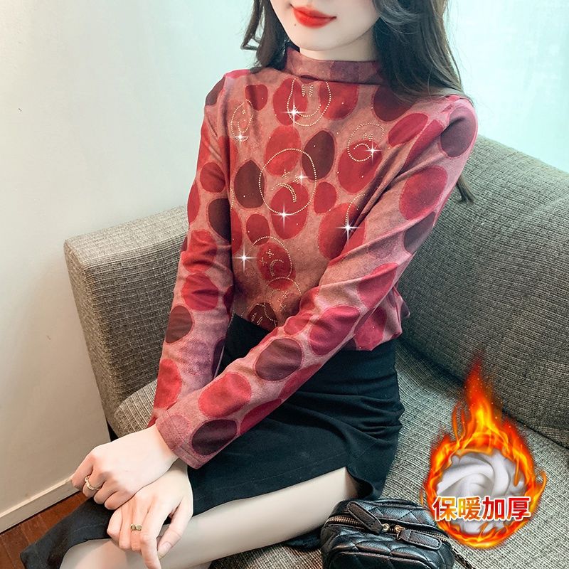 半高領印花高端植絨T恤女長袖秋冬新款打底衫高級感氣質顯瘦上衣
