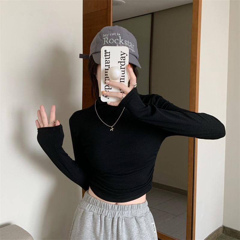 半高領打底衫女內搭緊身長袖t恤短款高腰收腰顯瘦性感純欲上衣冬