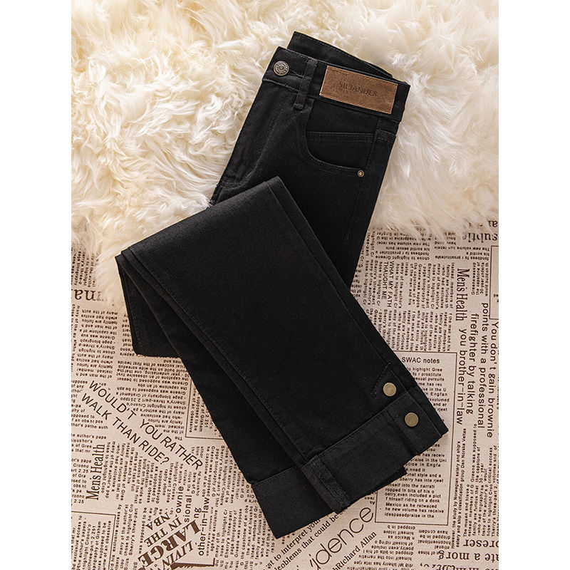 Retro plus velvet and thickened pipe jeans for women in autumn and winter new high-waist slim narrow version versatile nine-point straight pants