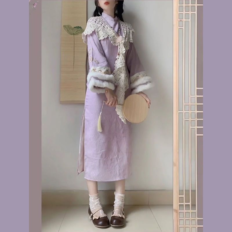民国千金加绒加厚改良白色马甲紫色旗袍秋冬季2023新款时尚套装女