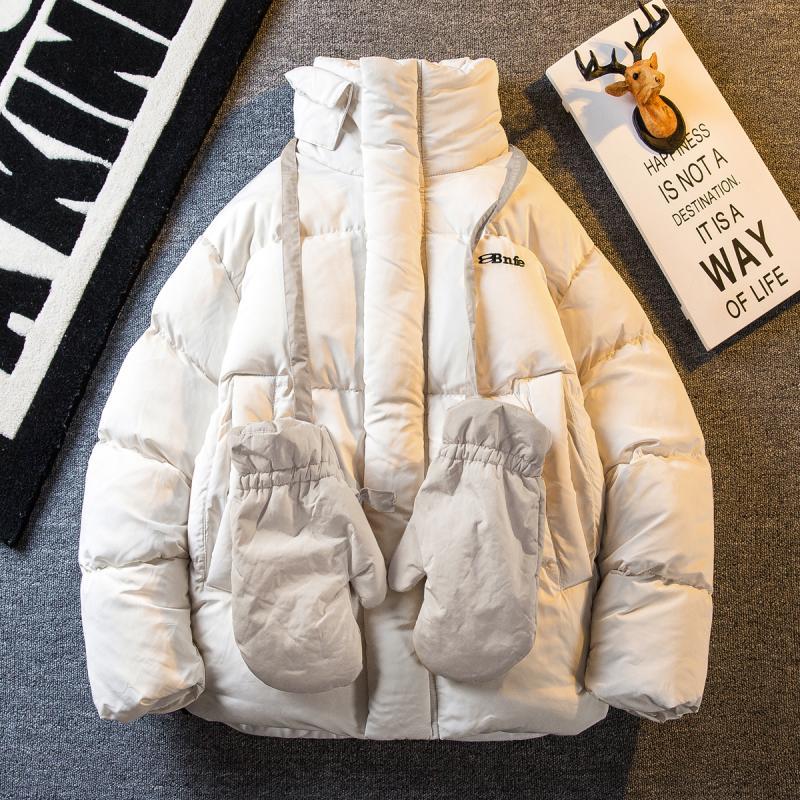 Men's fashion brand American trend matching gloves all-in-one warm cotton coat jacket men's autumn and winter stand-up collar thickened cotton coat