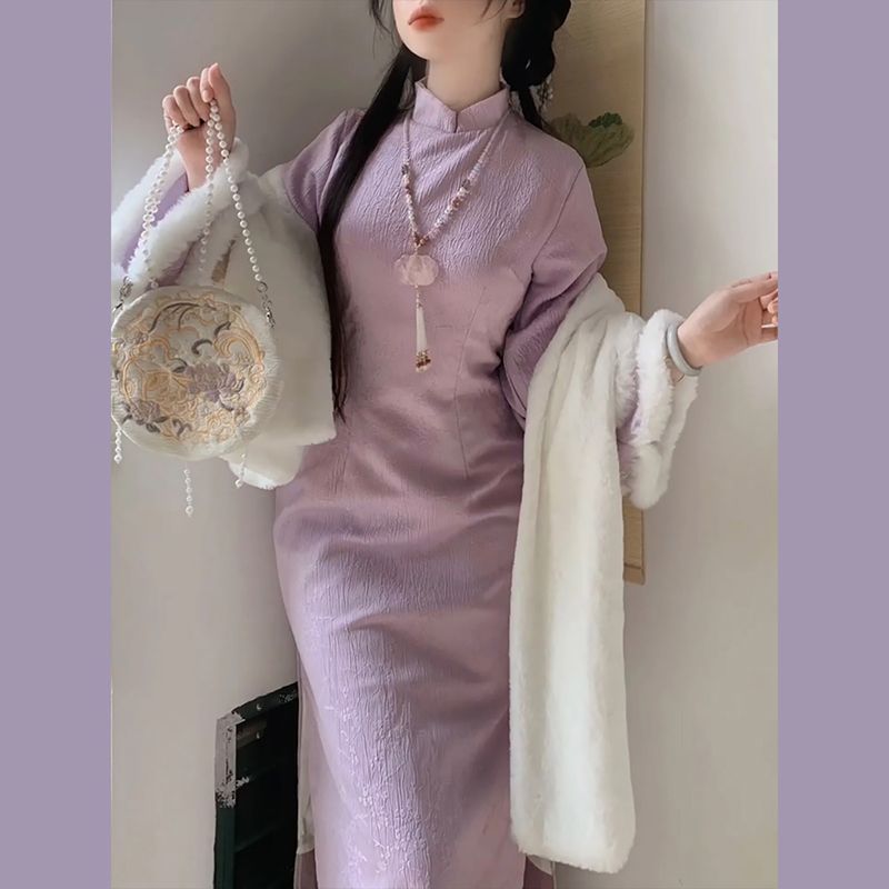 民国千金加绒加厚改良白色马甲紫色旗袍秋冬季2023新款时尚套装女