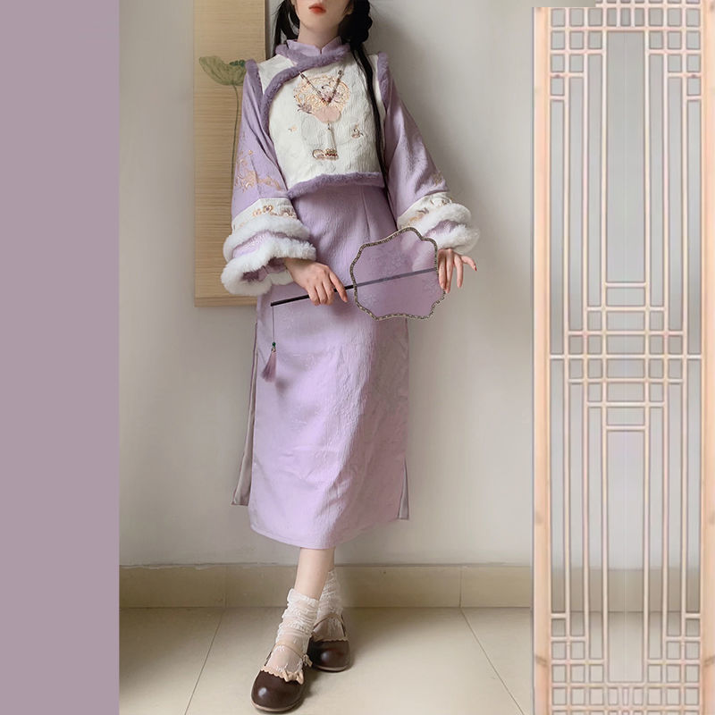 民国千金加绒加厚改良白色马甲紫色旗袍秋冬季新款时尚套装女