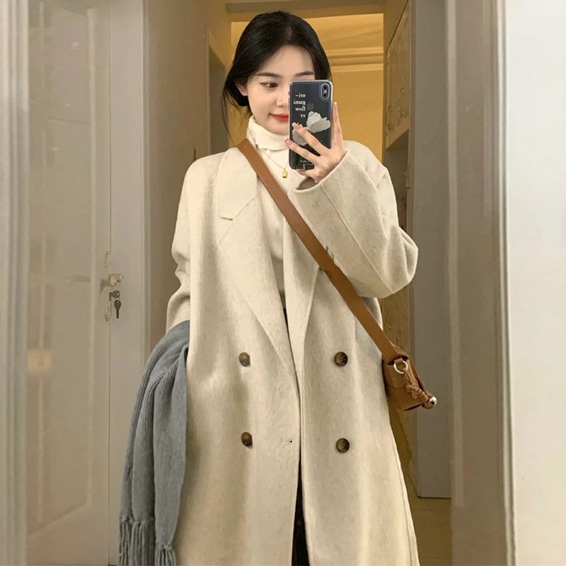 燕麥色雙面羊絨大衣女小個子2023秋冬新款白色西裝加厚羊毛呢外套