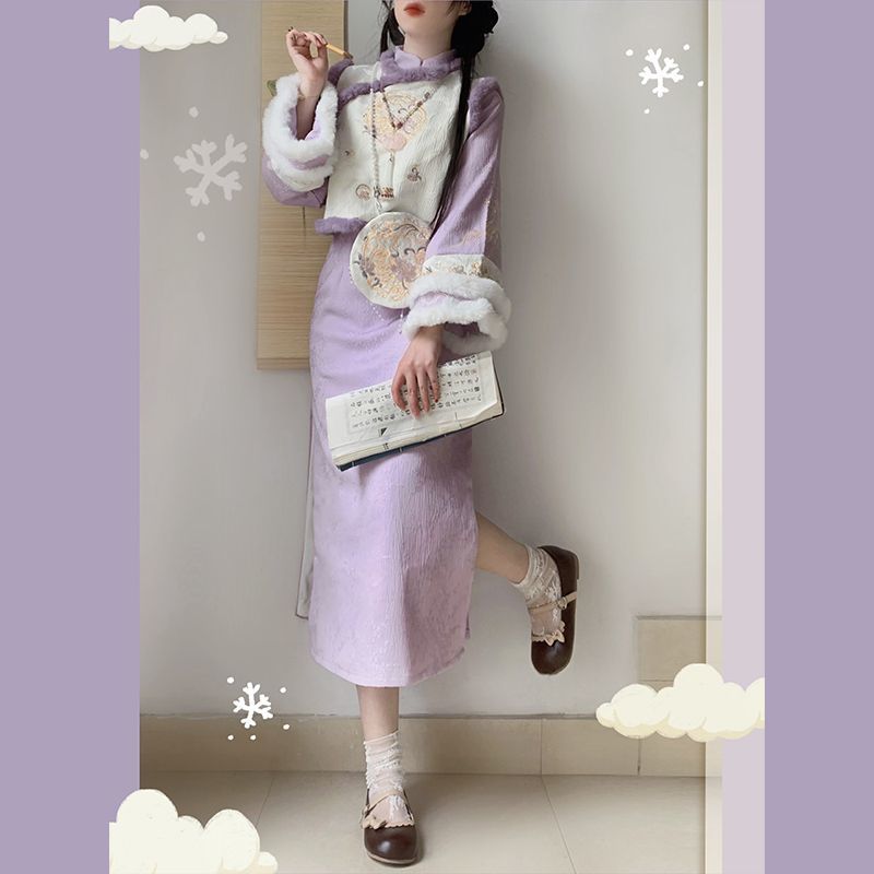 新中式女国风改良白色连衣裙马甲旗袍套装汉服修身显瘦冬季过年穿