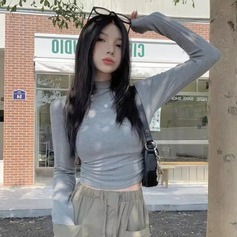 半高領打底衫女內搭緊身長袖t恤短款高腰收腰顯瘦性感純欲上衣冬