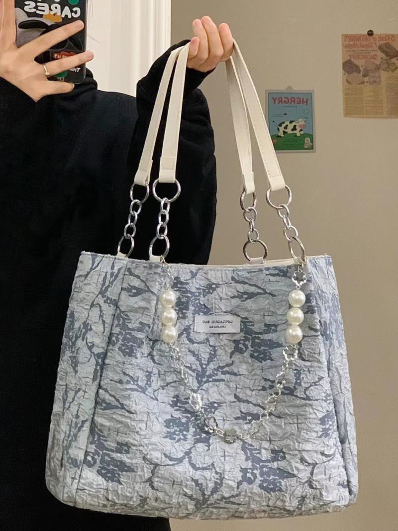 Autumn and winter 2023 new style exquisite pearl chain high-value glacier blue jacquard canvas tote bag hand-held shoulder bag
