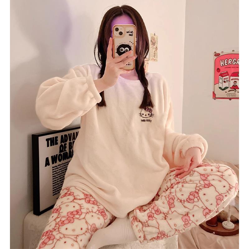 日系可愛hellokitty睡衣女冬季法蘭絨加絨加厚網紅卡通家居服套裝