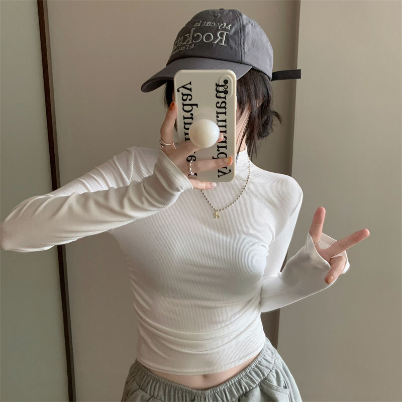 韓版白色半高領長袖打底衫女秋冬新款別致褶皺修身顯瘦短款上衣