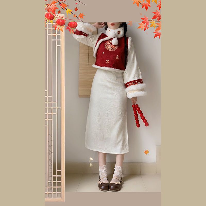 中式过年拜年战袍冬季红色改良旗袍马甲套装加绒加厚修身显瘦