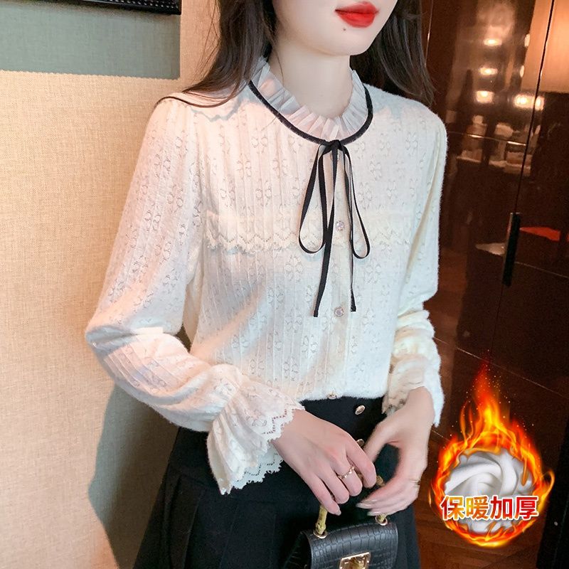 2023新款秋裝時尚長袖蕾絲打底衫女內搭別致減齡上衣洋氣顯瘦小衫