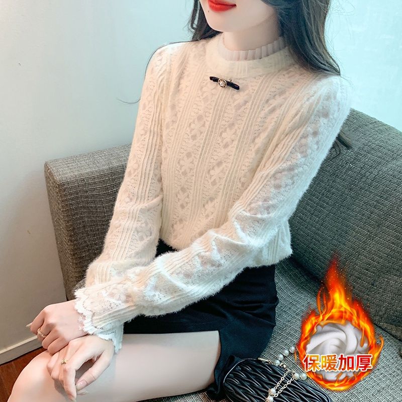 半高領蕾絲打底衫女2023新款內搭秋冬時尚漂亮高級感洋氣顯瘦小衫