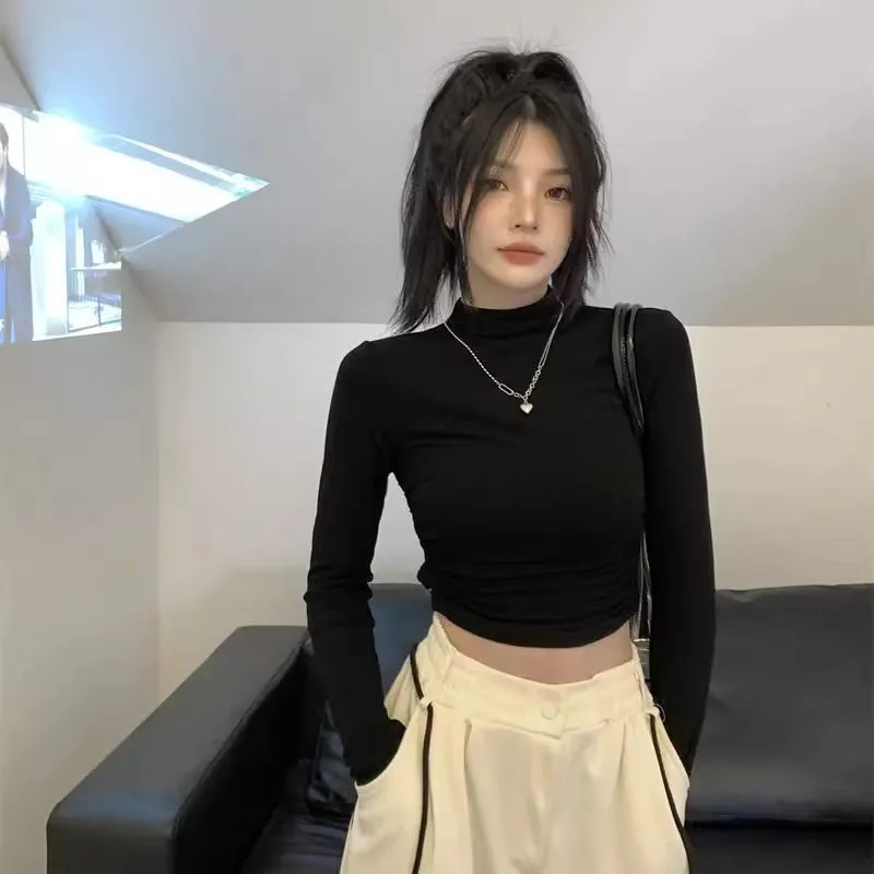 半高領打底衫女內搭緊身長袖t恤短款高腰收腰顯瘦性感純欲上衣冬