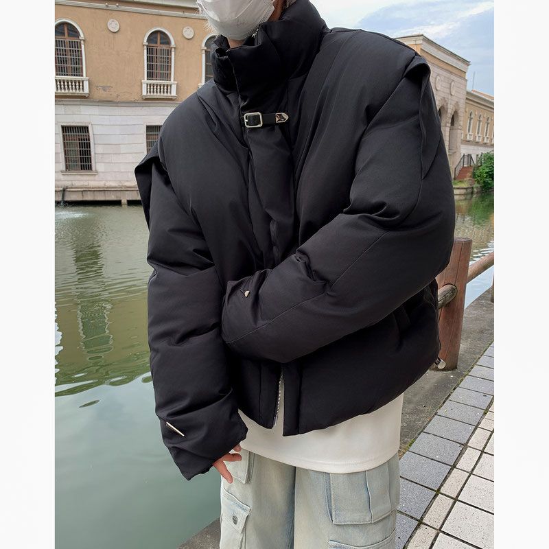 Solid color high street stand collar cotton coat for men in winter American high-end warm jacket design niche workwear bread coat