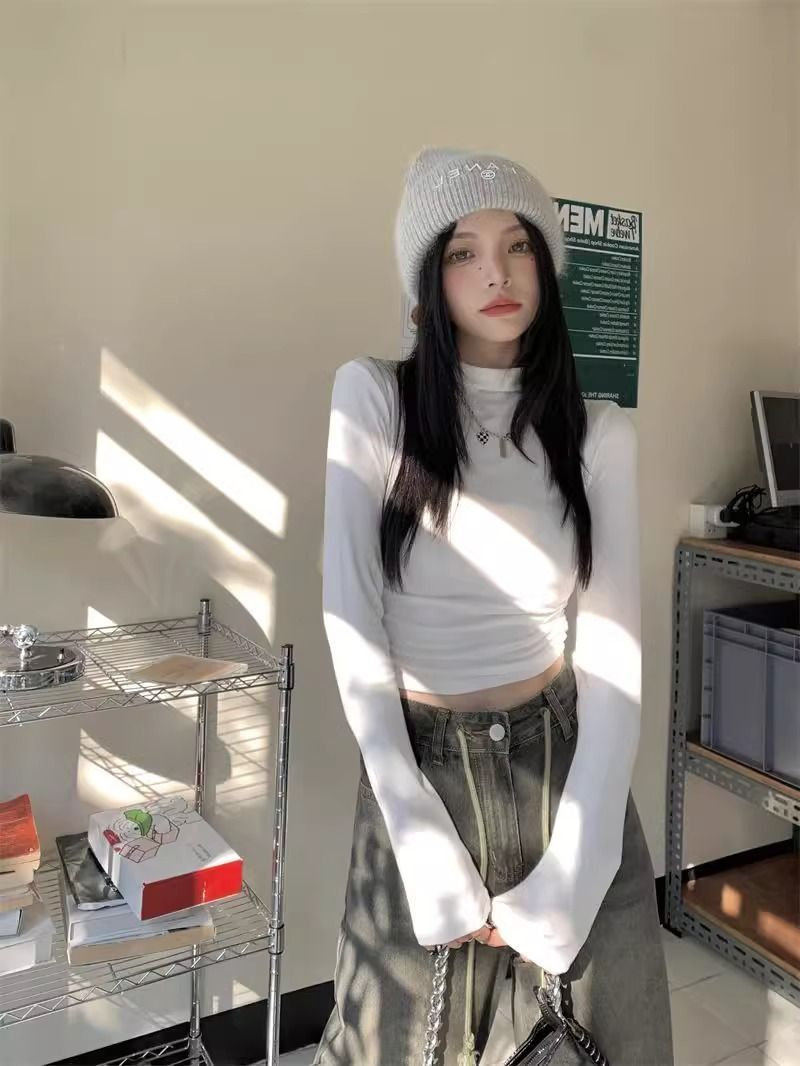 半高領打底衫女內搭緊身長袖t恤短款高腰收腰顯瘦性感純欲上衣冬