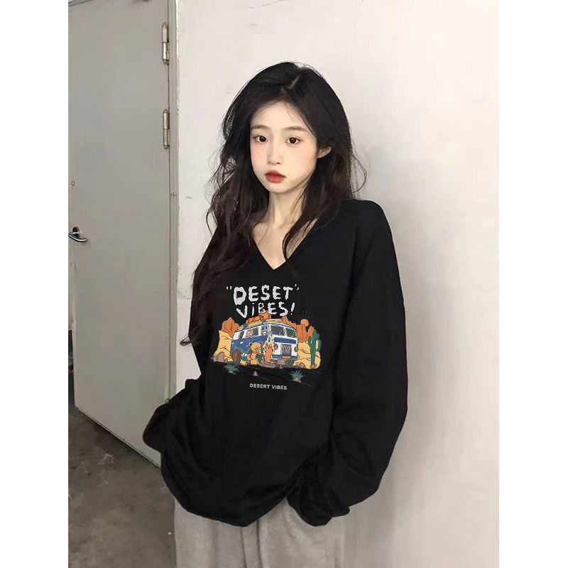 100%純棉v領長袖T恤女秋季新款寬鬆百搭顯瘦印花氣質韓版ins上衣