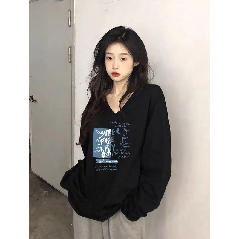100%純棉v領長袖T恤女秋季新款寬鬆百搭顯瘦印花氣質韓版ins上衣