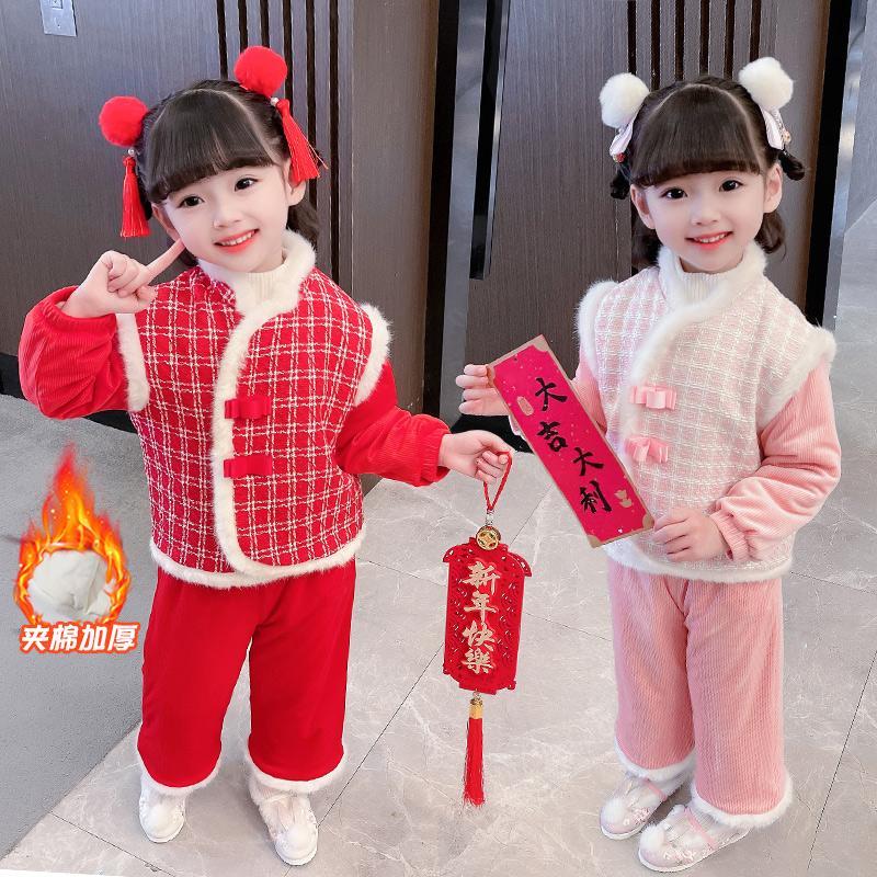 唐装女宝宝加绒拜年服儿童喜庆中国风套装女童中式红色加厚新年服