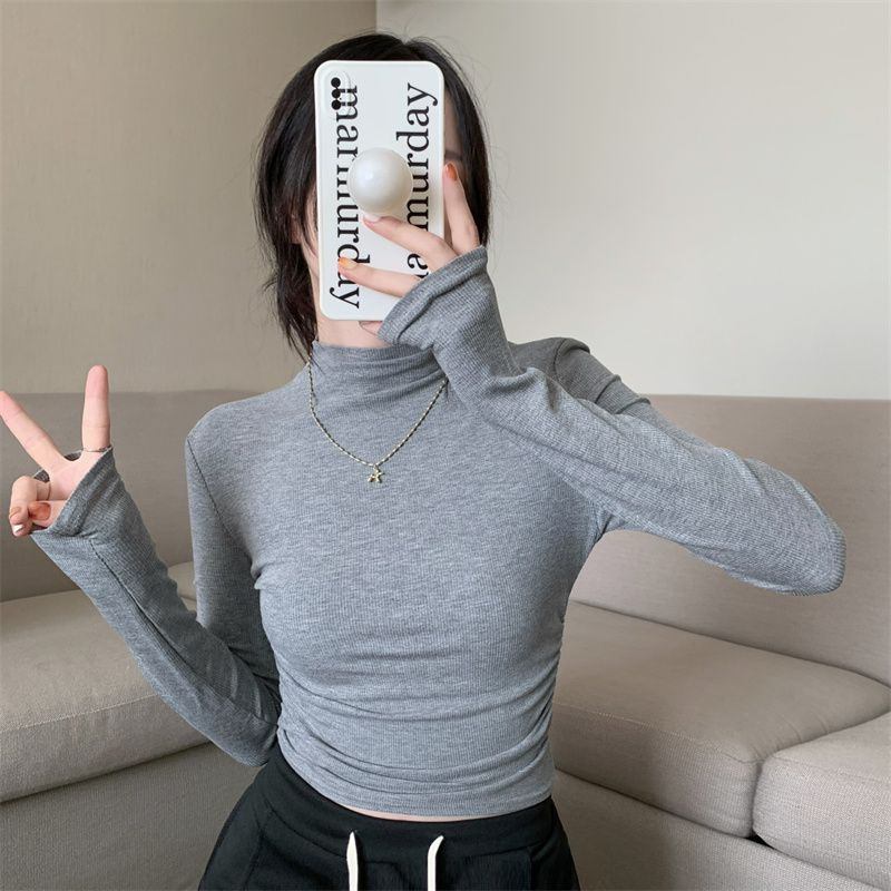 韓版白色半高領長袖打底衫女秋冬新款別致褶皺修身顯瘦短款上衣