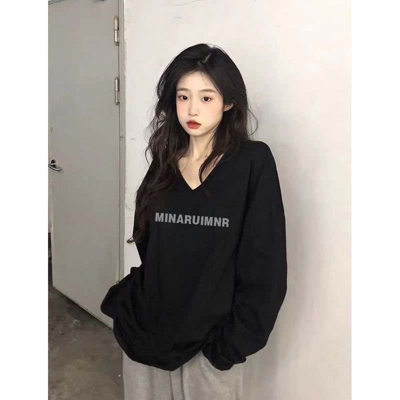 100%純棉v領長袖T恤女秋季新款寬鬆百搭顯瘦印花氣質韓版ins上衣