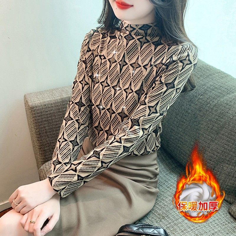 加絨打底衫女秋冬2023新款洋氣燙鑽長袖保暖女士修身內搭上衣女潮