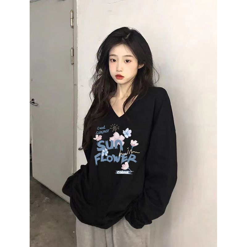 100%純棉v領長袖T恤女秋季新款寬鬆百搭顯瘦印花氣質韓版ins上衣