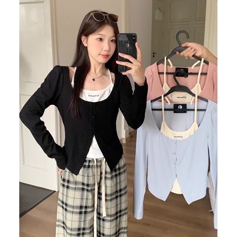 大碼胖MM假兩件長袖T恤女秋季設計感休閒寬鬆顯瘦甜辣短款上衣服