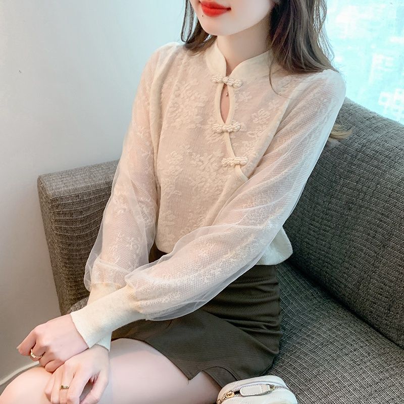 2023秋冬新拼接網紗歐根紗韓版復古甜美長袖氣質顯瘦針織衫上衣女