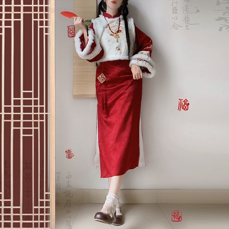 中式过年拜年战袍冬季红色改良旗袍马甲套装加绒加厚修身显瘦
