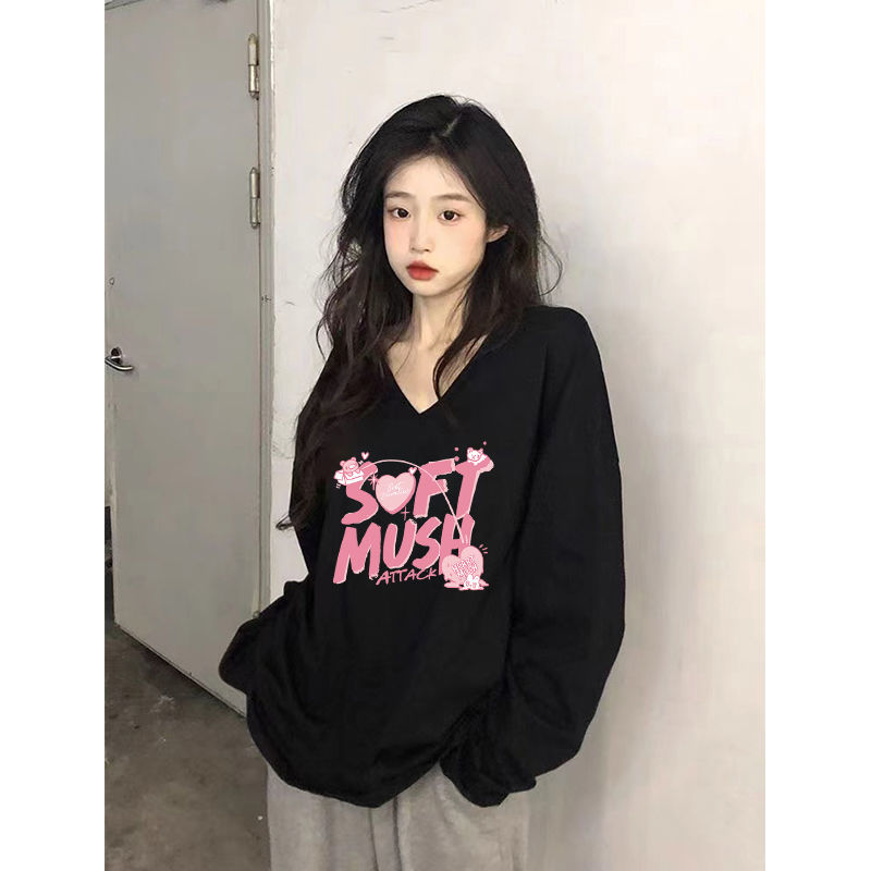 100%純棉v領長袖T恤女秋季新款寬鬆百搭顯瘦印花氣質韓版ins上衣