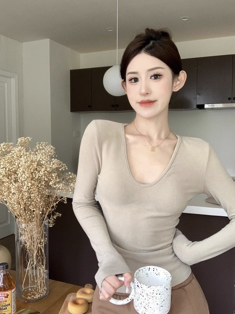 性感低V領露鎖骨加厚T恤秋冬女士修身彈力內搭打底衫正肩長袖上衣